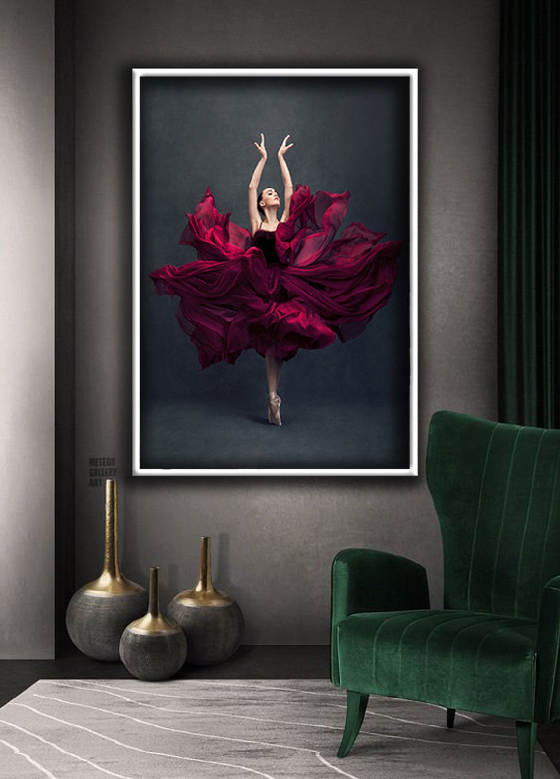 Ballerina Red Dress Dramatic Leap Dark Background Ballet Art Poster - Image 2