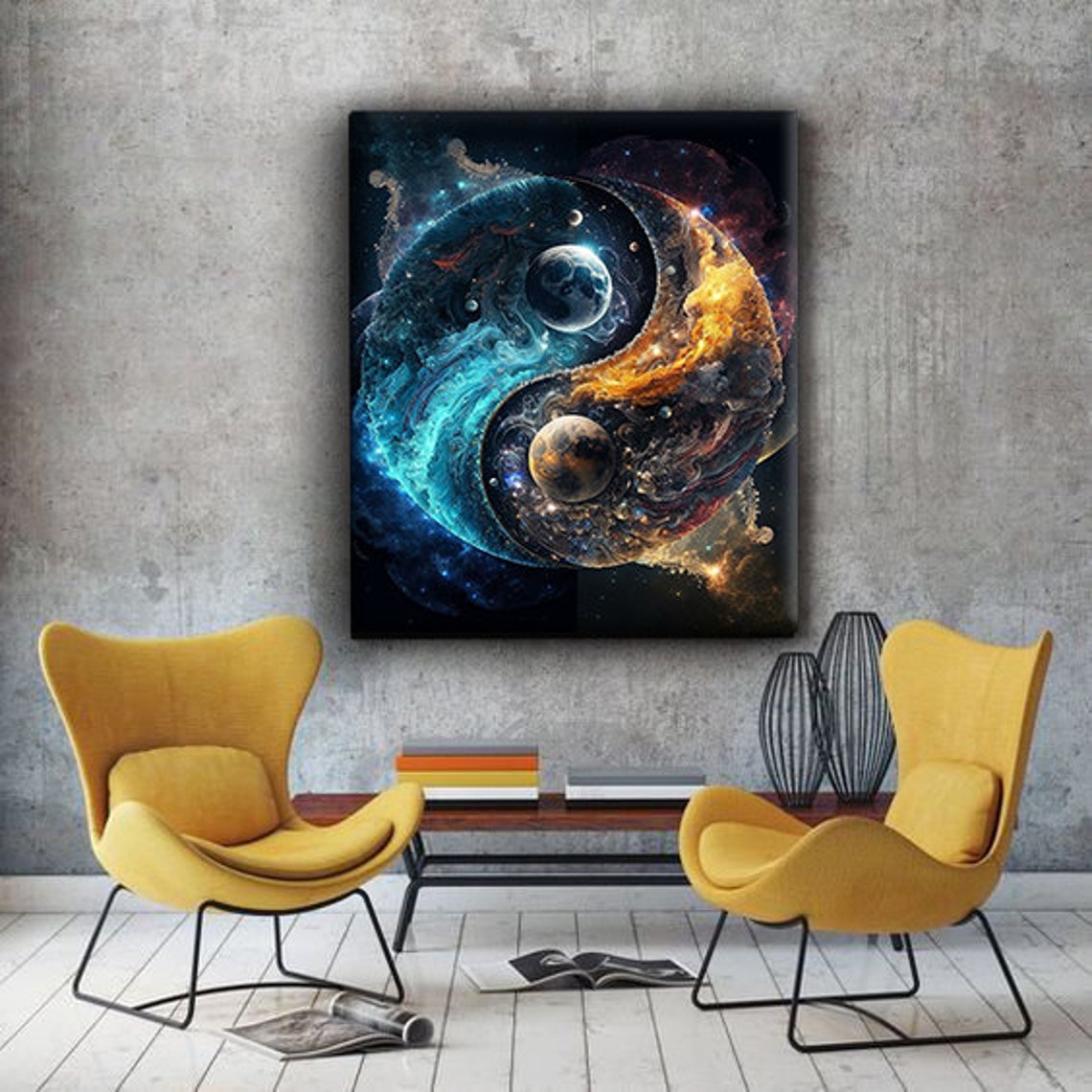 Cosmic Yin Yang Planet Swirls Blue Gold Nebula Wall Art Poster - Image 2