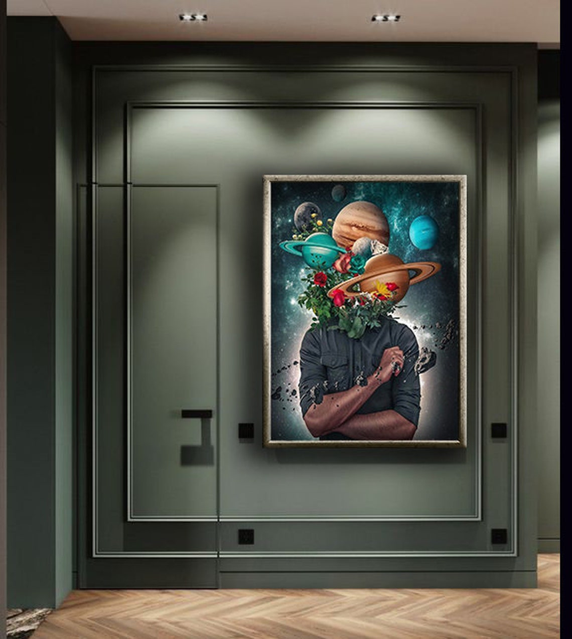 Man With Planets Flower Head Surreal Space Galaxy Collage Art Poster - Image 4