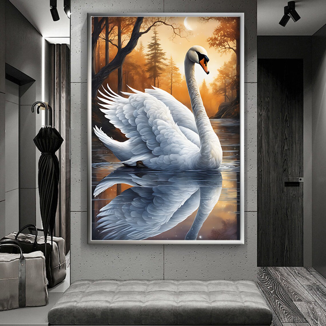 Graceful White Swan On Sunset Lake Mirror Reflection Elegant Poster - Image 4