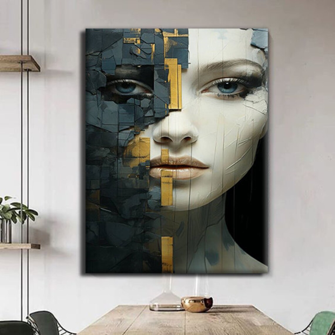 Shattered Geometric Woman Portrait Gold Accents Modern Fragmented Face Poster - Image 3