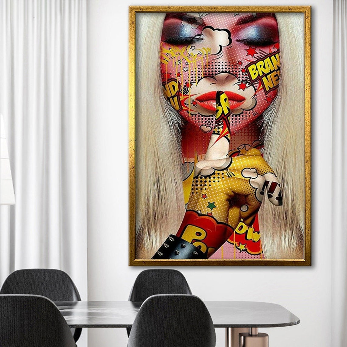 Pop Art Comic Woman Shushing Finger Halftone Colorful Art Poster - Image 3