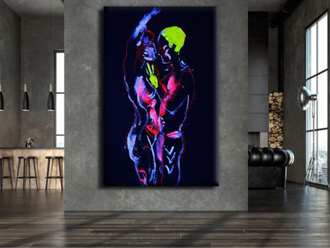 Neon Lovers Embrace Kiss Dark Background Romantic Couple Art Print - Image 4
