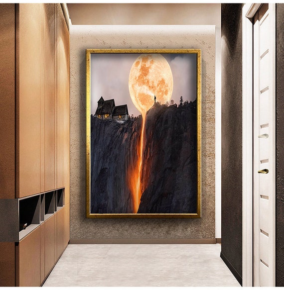 Moon And Chalet Landscape Print Wall Decor Wall Art Ready To Hang Painting Gift Print Wall Decor