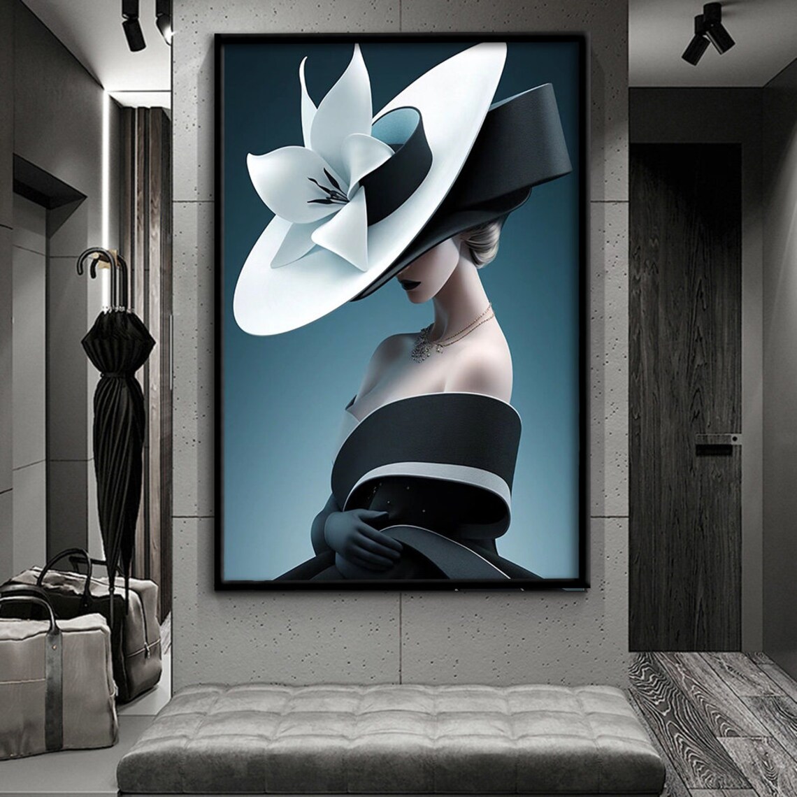 Elegant Woman Wide Brim White Hat Black Dress Fashion Art Poster - Image 3