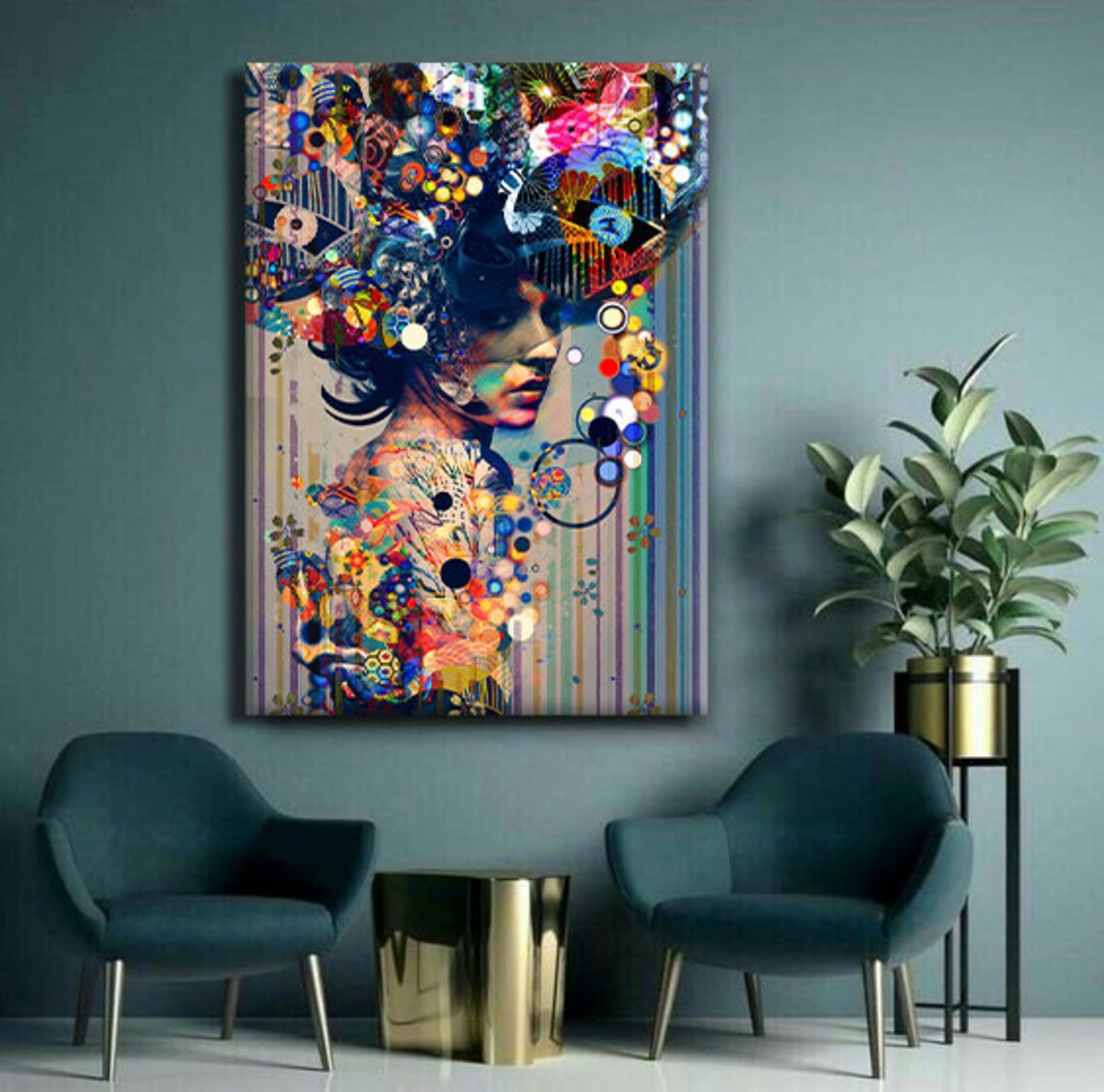 Colorful Surrealist Woman Portrait Collage Floral Pattern Modern Wall Poster - Image 2