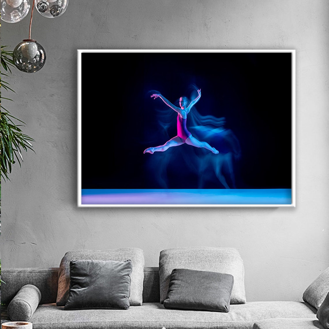 Neon Light Dancer Mid Leap Blue Pink Modern Dance Photography Poster - Image 4