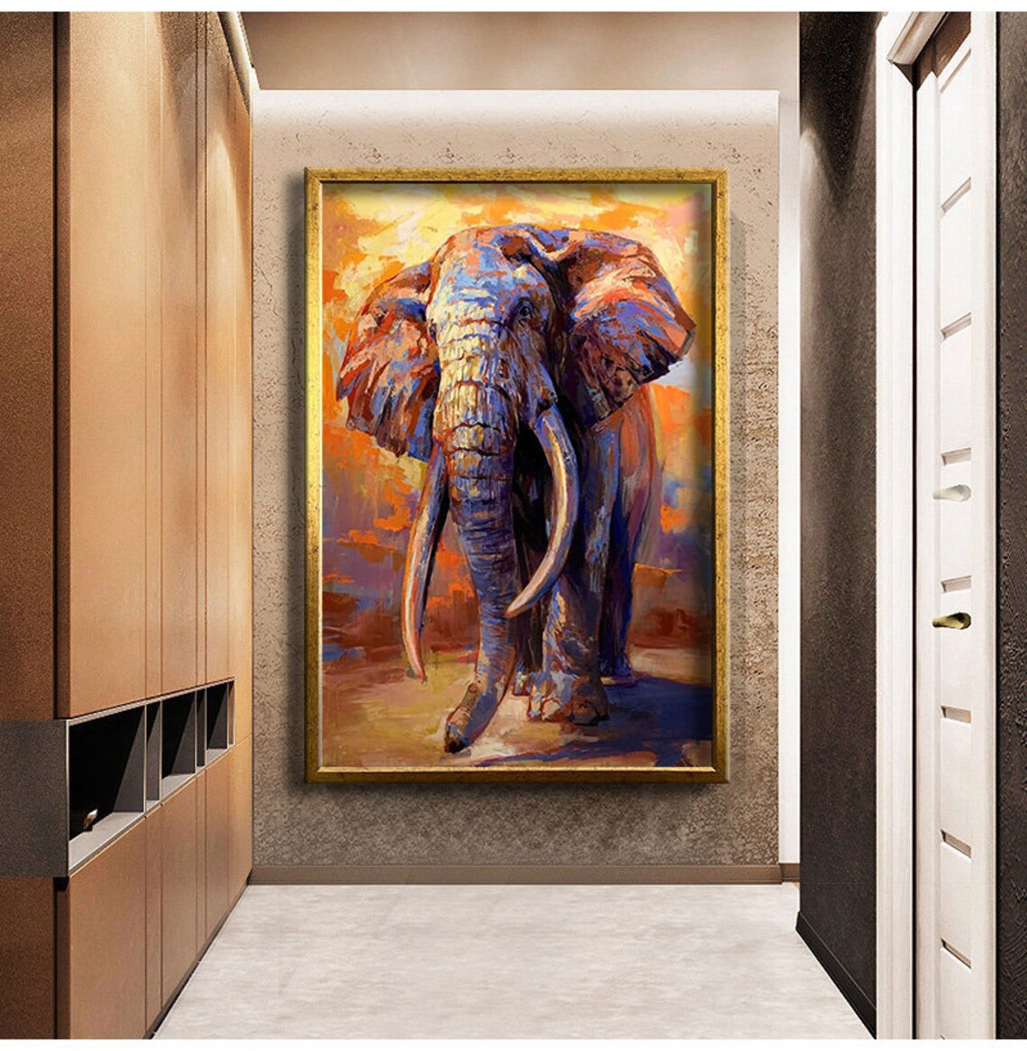 Colorful Elephant Oil Painting Sunset Savanna Wildlife Art Poster