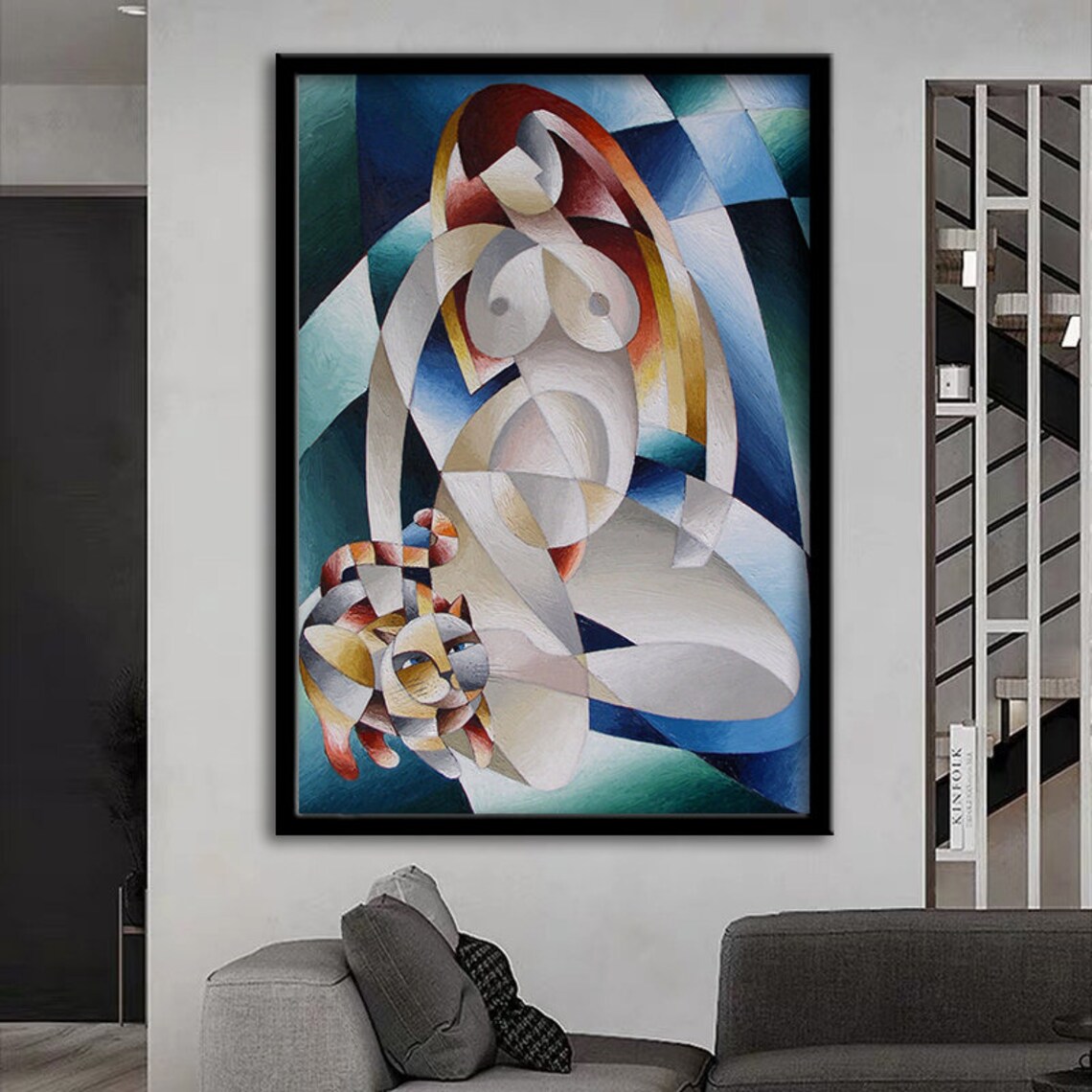 Cubist Nude Woman Cat Geometric Abstract Figure Art Wall Poster - Image 3