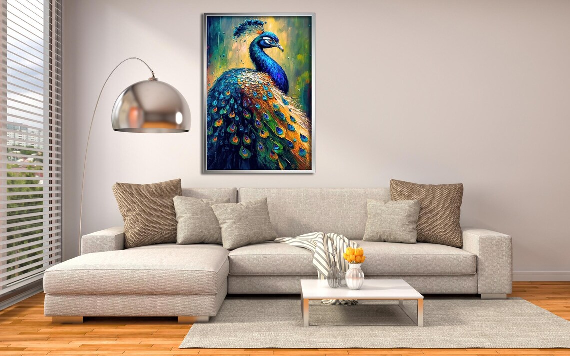 Majestic Peacock Vibrant Plumage Colorful Oil Painting Animal Print - Image 3
