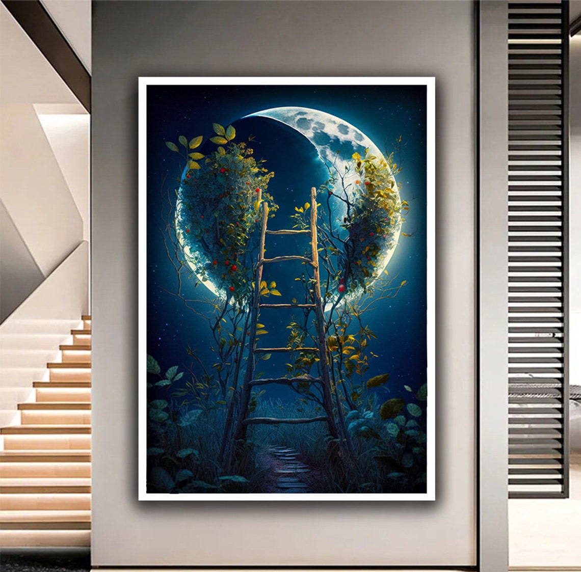 Ladder Reaching To The Moon Night Sky Vines Dreamlike Fantasy Poster - Image 3