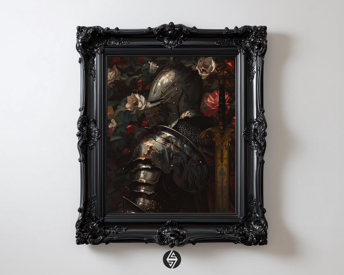Medieval Knight Among Red Roses Gothic Dark Fantasy Art Poster