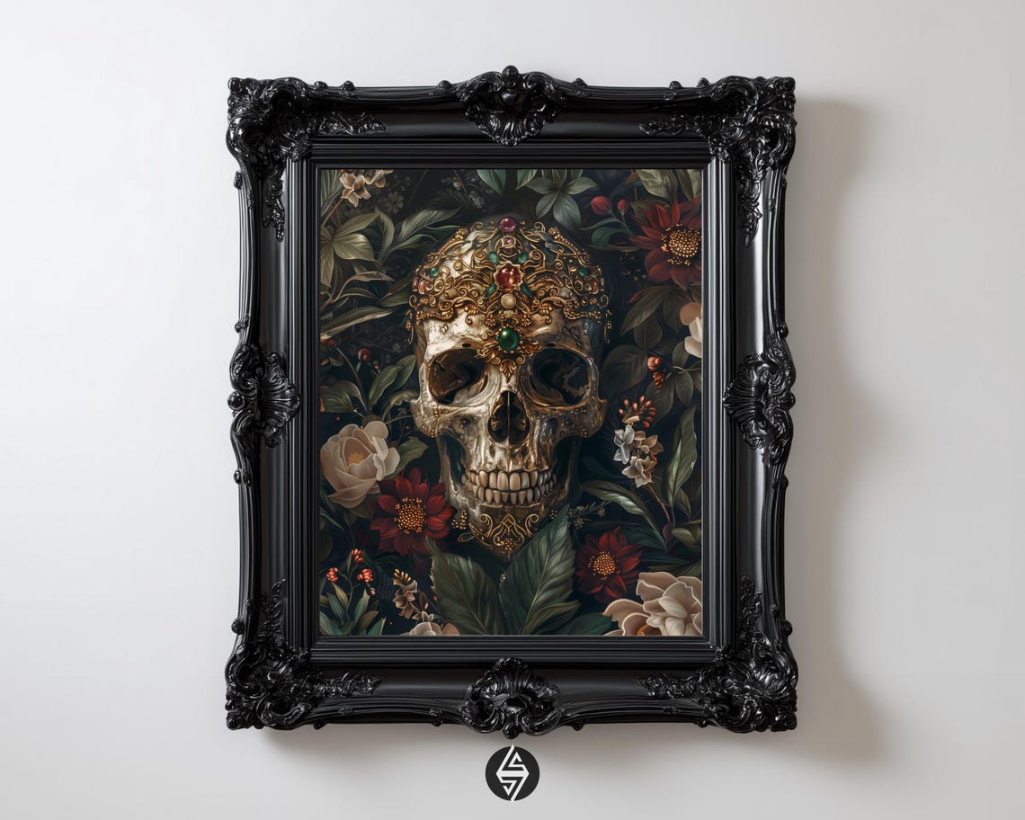 Gothic Jeweled Skull Print Dark Floral Macabre Memento Mori Wall Art