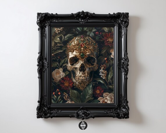 Gothic Jeweled Skull Print Dark Floral Macabre Memento Mori Wall Art