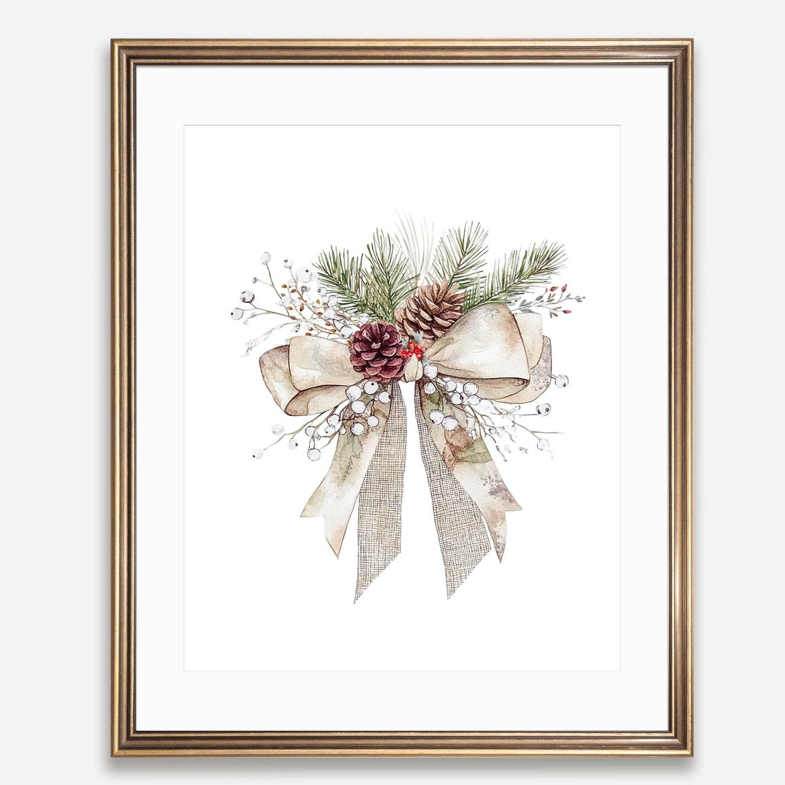 Rustic Holiday Bow Pinecones Berries Watercolor Christmas Poster