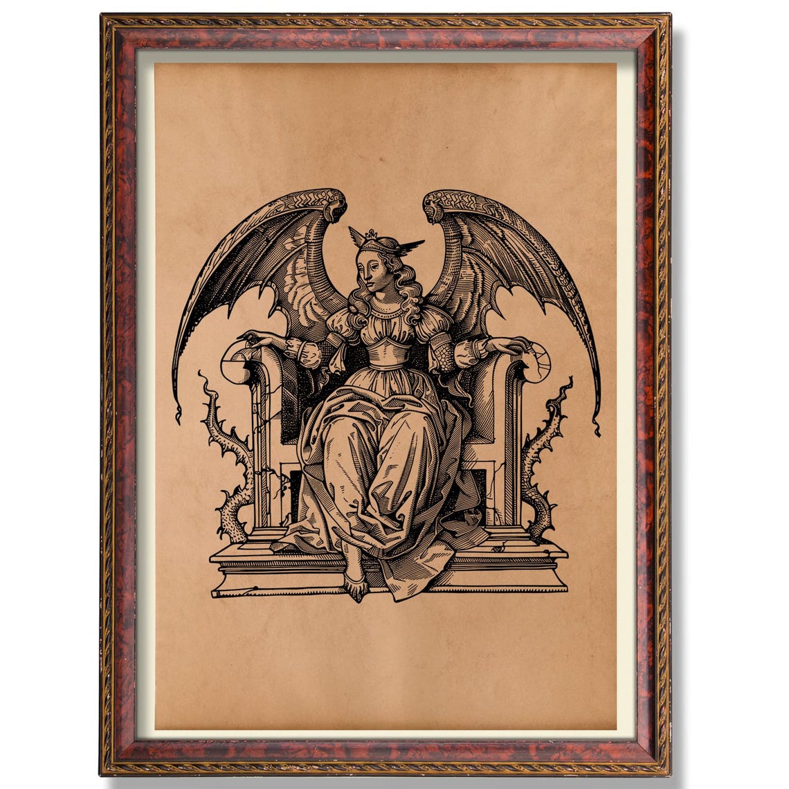 Lilith Dark Goddess Demon Wings Throne Vintage Engraving Poster