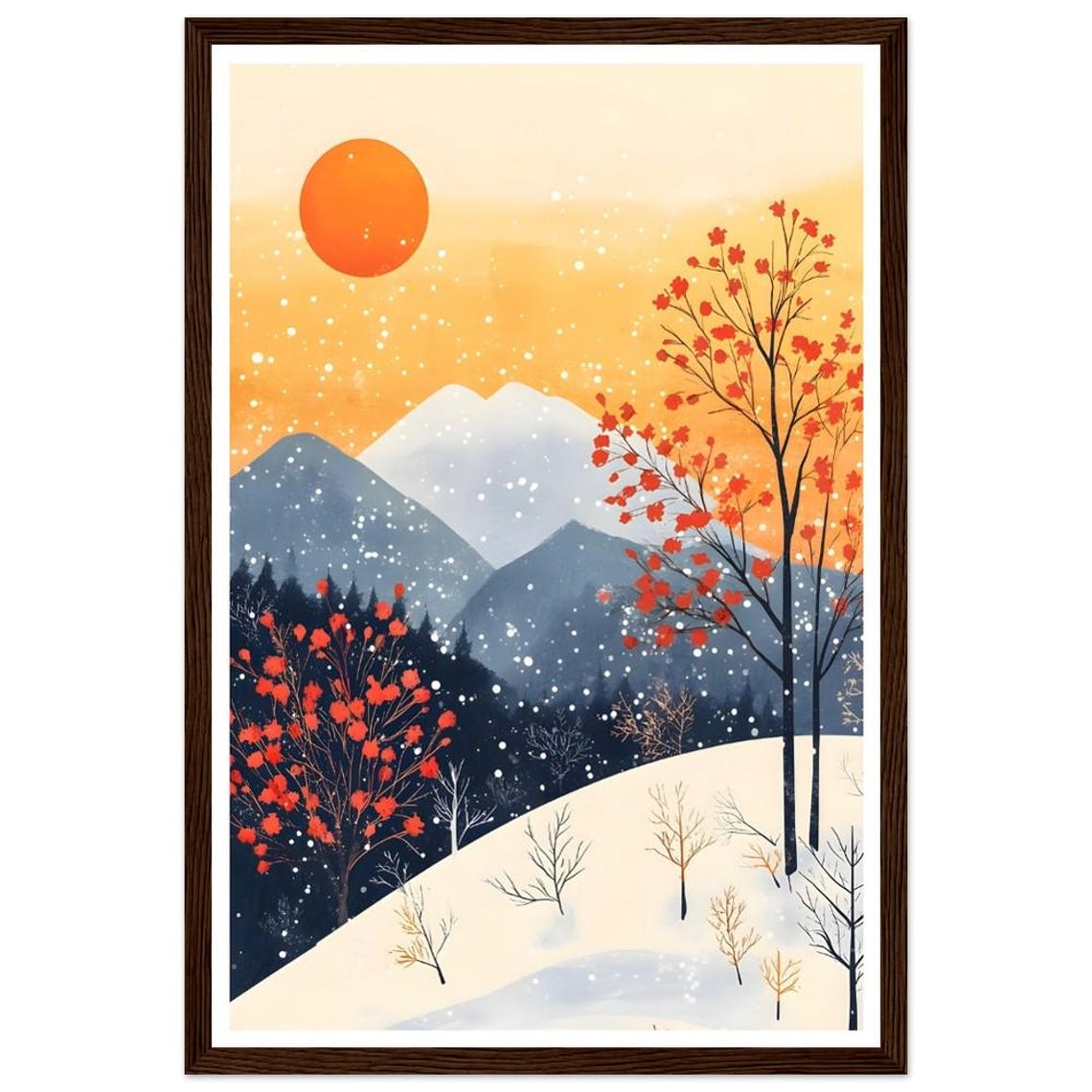 Warm Winter Sun Snowy Mountain Sunset Trees Japandi Style Art Print