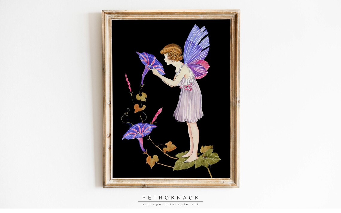 Ida Rentoul Outhwaite Morning Glory Fairy Black Background Floral Print - Image 3