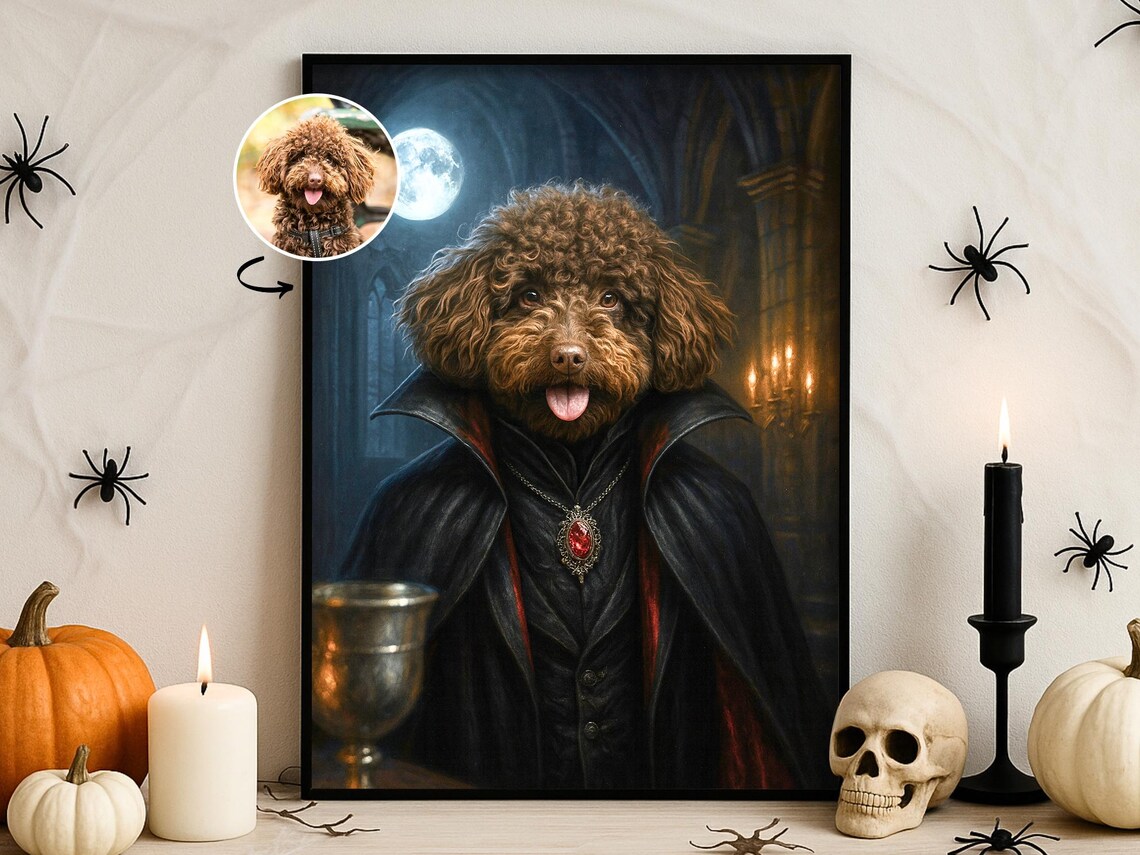 Halloween Custom Pet Portrait Gothic Vampire Wall Art Dark Fantasy Dog Cat Poster