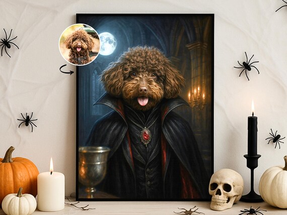 Halloween Custom Pet Portrait Gothic Vampire Wall Art Dark Fantasy Dog Cat Poster