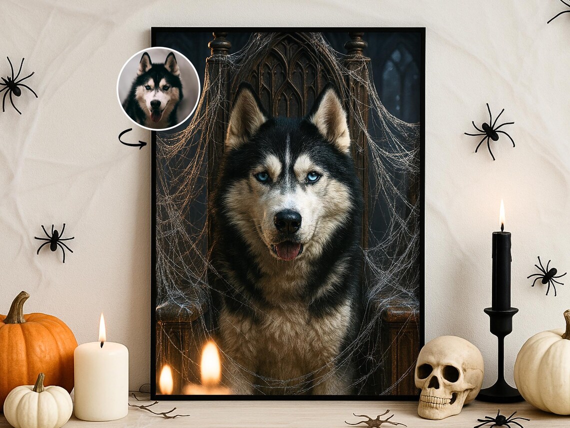 Halloween Custom Pet Portrait Spiderweb Throne Wall Art Gothic Dog Cat Poster