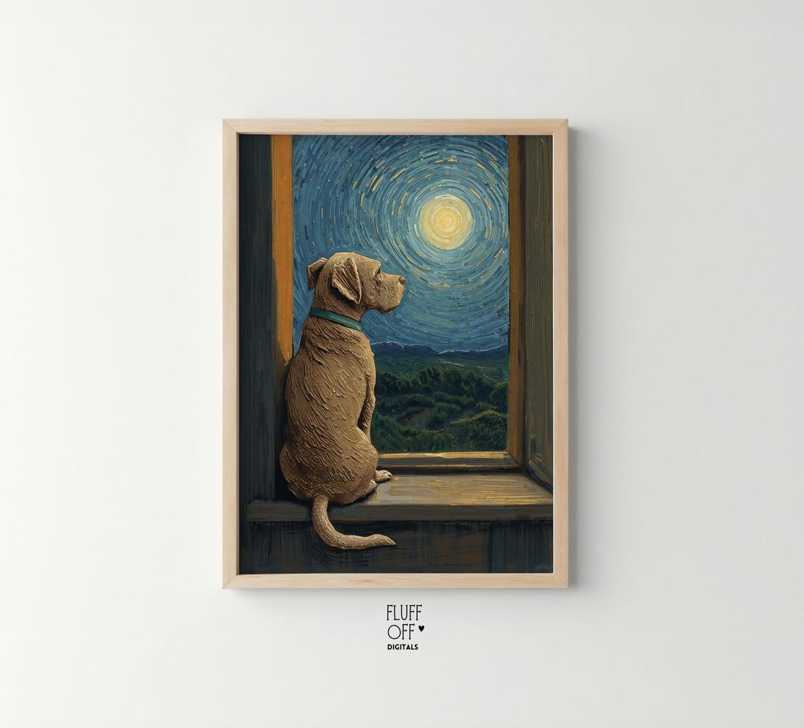 Dog Gazing at Moonlit Starry Night Sky Window Scene Art Poster