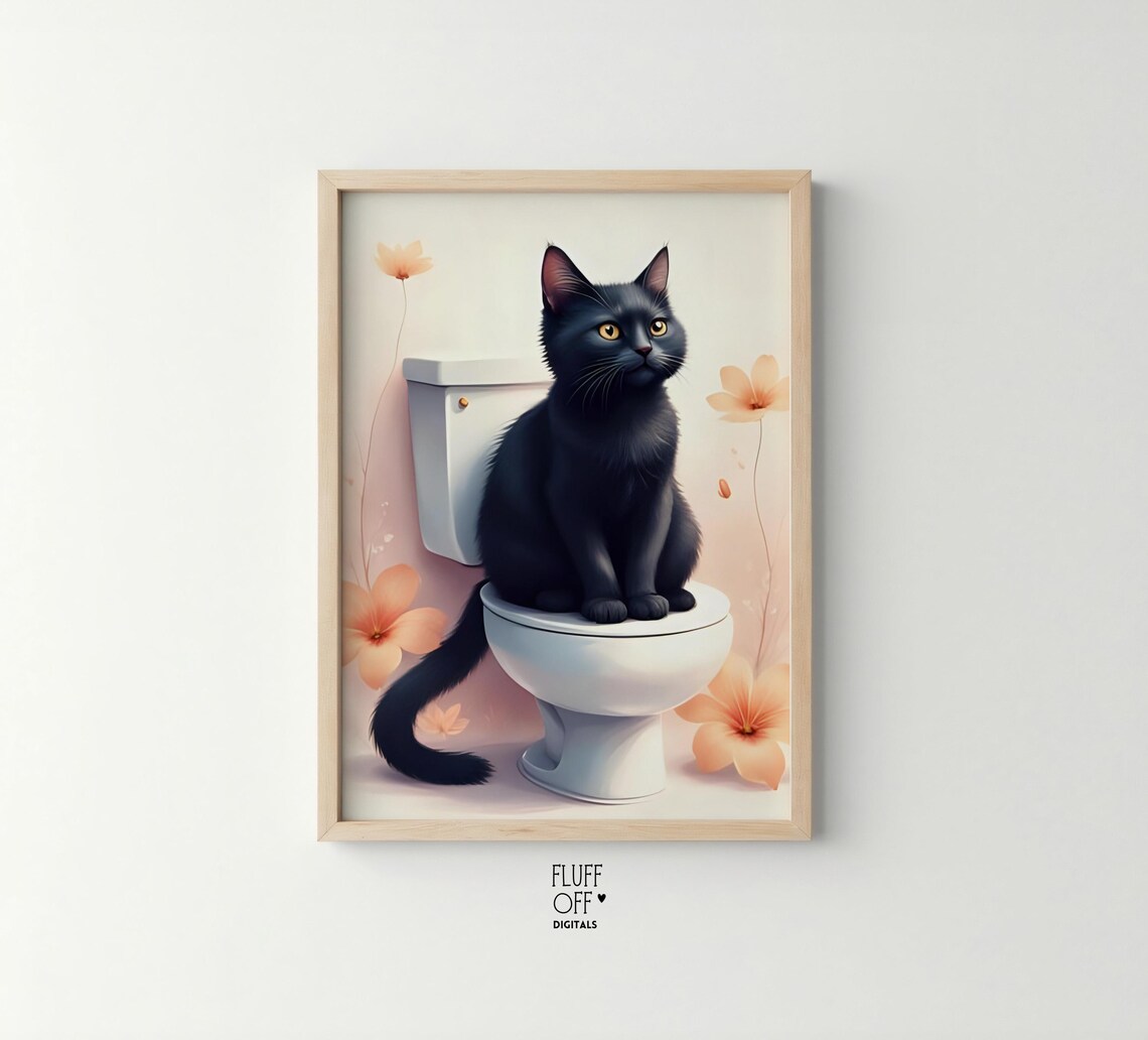Black Cat Sitting on Toilet Funny Bathroom Quirky Art Poster