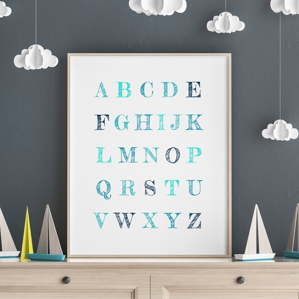 Teal Alphabet A To Z Letters Nursery Kids Room Educational Wall Poster