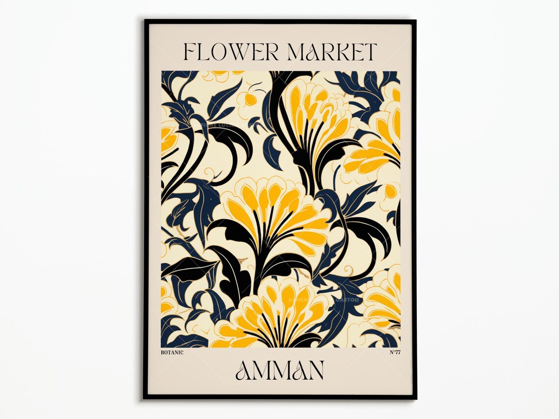 Flower Market Amman Botanic Yellow Navy Floral Ornament Poster