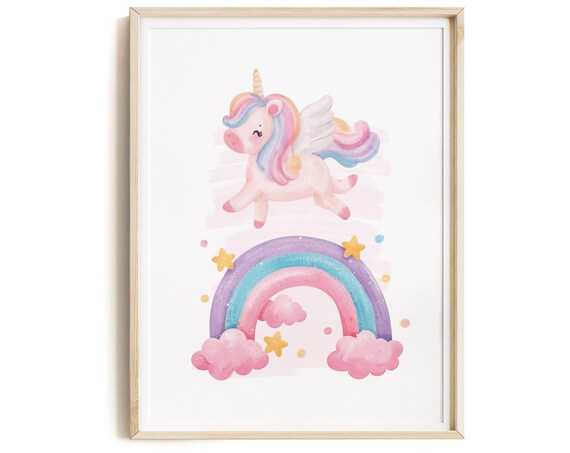 Pastel Flying Unicorn Rainbow Stars Baby Girl Nursery Wall Art