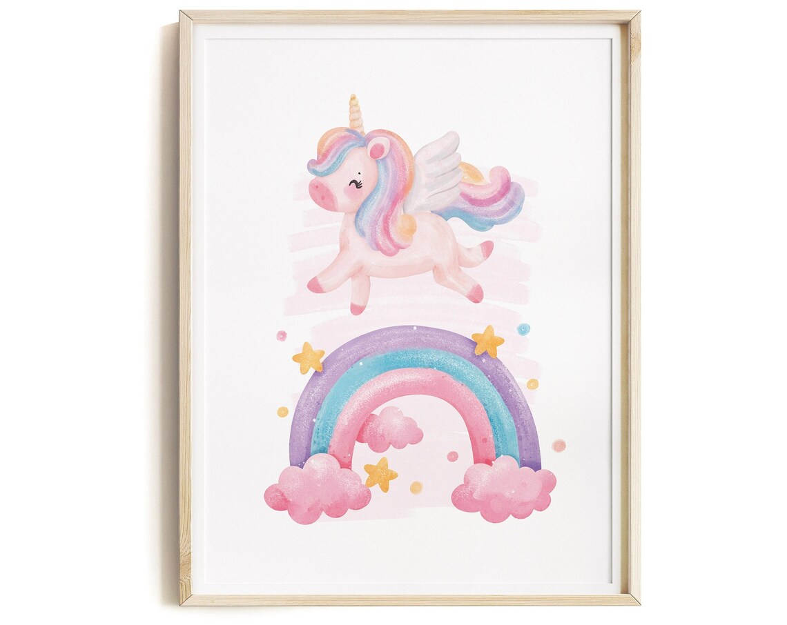Pastel Flying Unicorn Rainbow Stars Baby Girl Nursery Wall Art