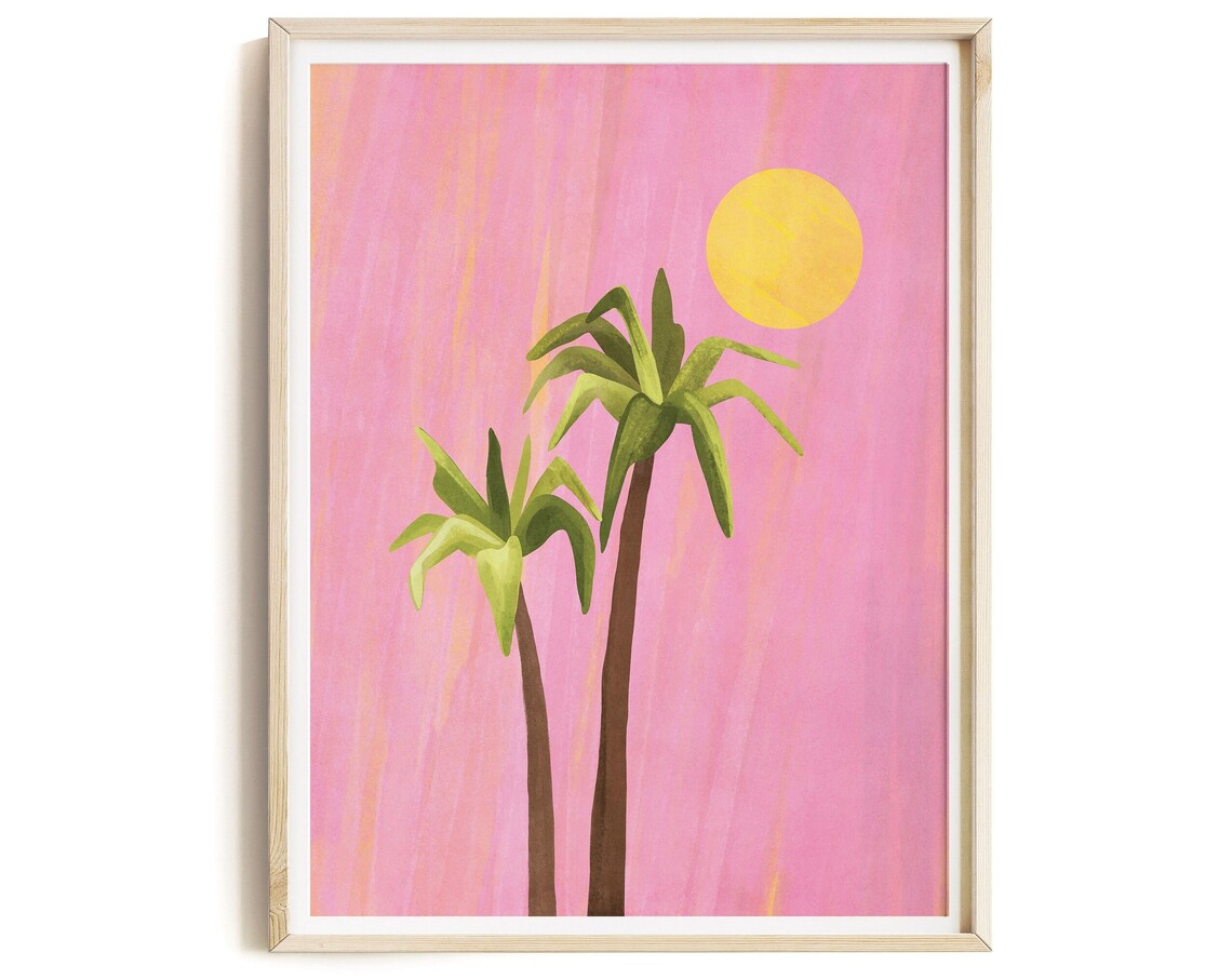 Pink Sunset Palm Trees Trendy Tropical Beach Preppy Art Print - Image 2
