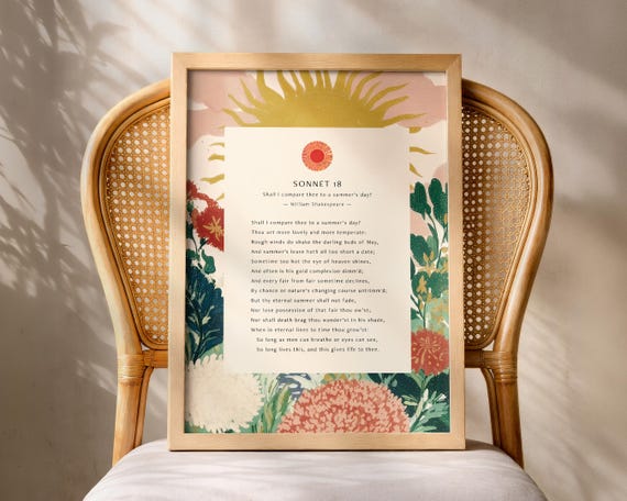 Shakespeare Sonnet 18 Poem Print Literary Wall Art Romantic Poetry Poster Floral Botanical Decor Love Gift