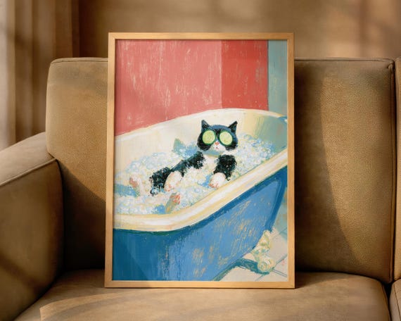 Cat Bathroom Wall Art Print Black Bathtub Poster Funny Whimsical Colourful Bath Decor