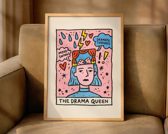 Drama Queen Doodle Poster Funny Wall Art Dopamine Decor Quirky Print Colorful