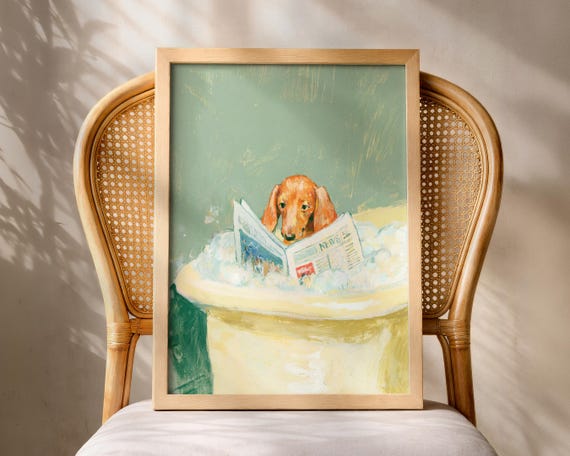 Dachshund Bathroom Wall Art Print Dog Bathtub Poster Funny Bath Whimsical Puppy Colourful Decor