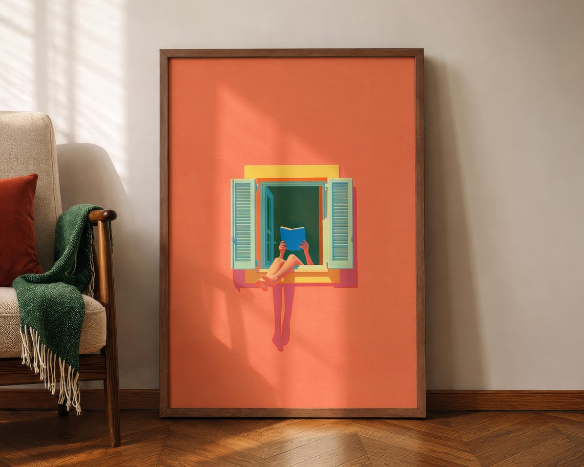 Woman Reading Book in Window Orange Boho Book Lover Art Poster