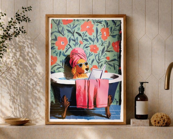 Dog Bath Wall Art Print Funny Bathroom Poster Book Lover Pet Artwork Botanical Floral Decor Quirky Gift