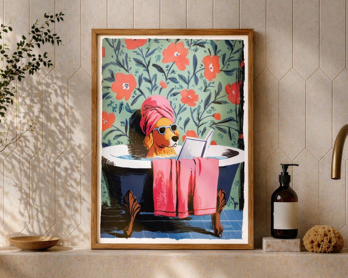 Dog Reading In Bathtub With Sunglasses Funny Bathroom Animal Poster