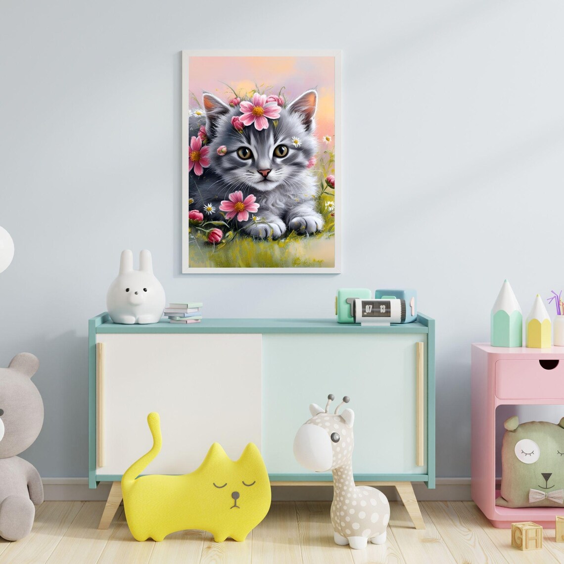 Floral Kitten Art Print, Whimsical Nursery Decor - Image 2
