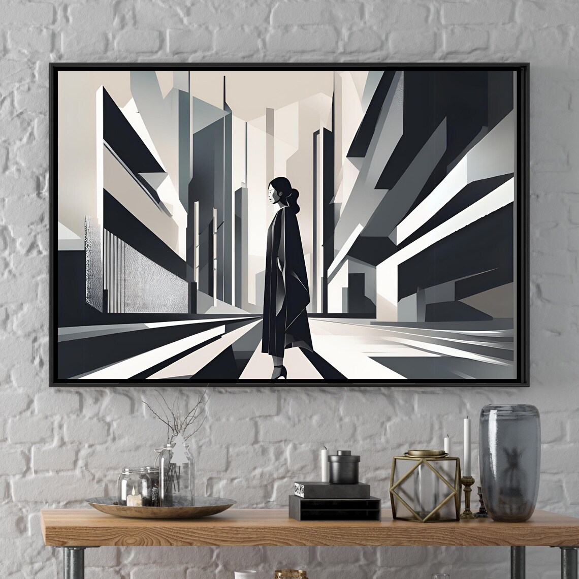 Black White Geometric Woman Walking Through Futuristic City Poster - Image 3