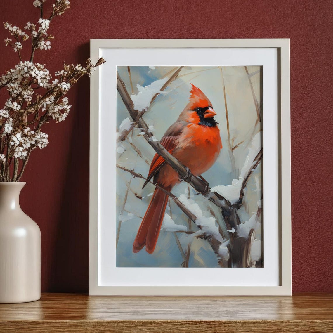 Red Cardinal Winter Snowy Branch Wildlife Bird Painting Art Poster - Image 5