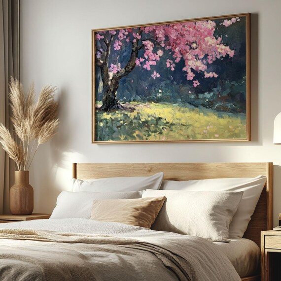 Pink Cherry Blossom Tree Night Scene Blooming Floral Garden Poster