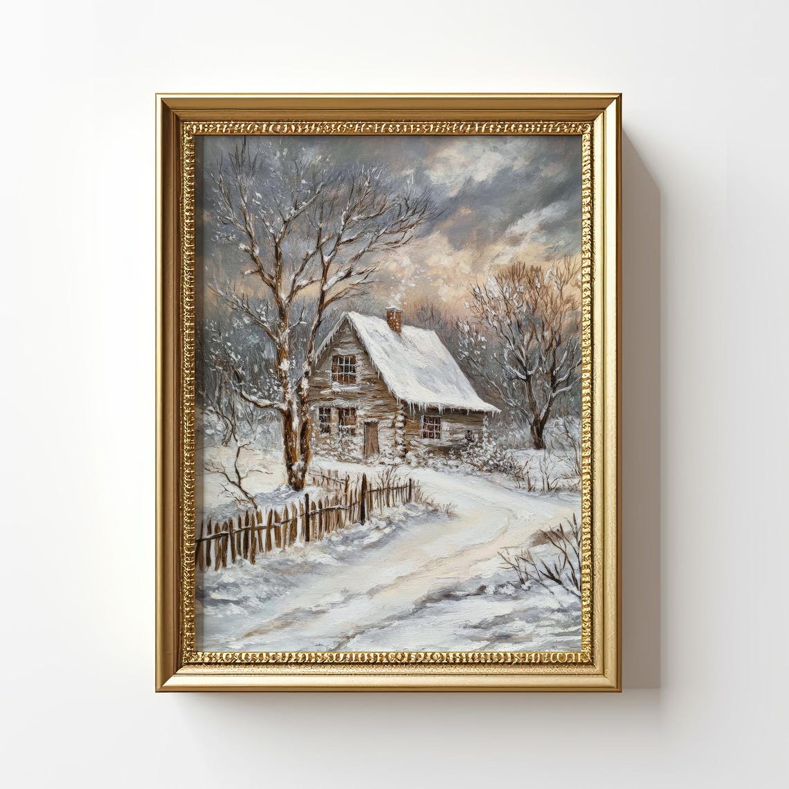 Snowy Cabin Winter Forest Cozy Rustic Dusk Landscape Art Poster - Image 2