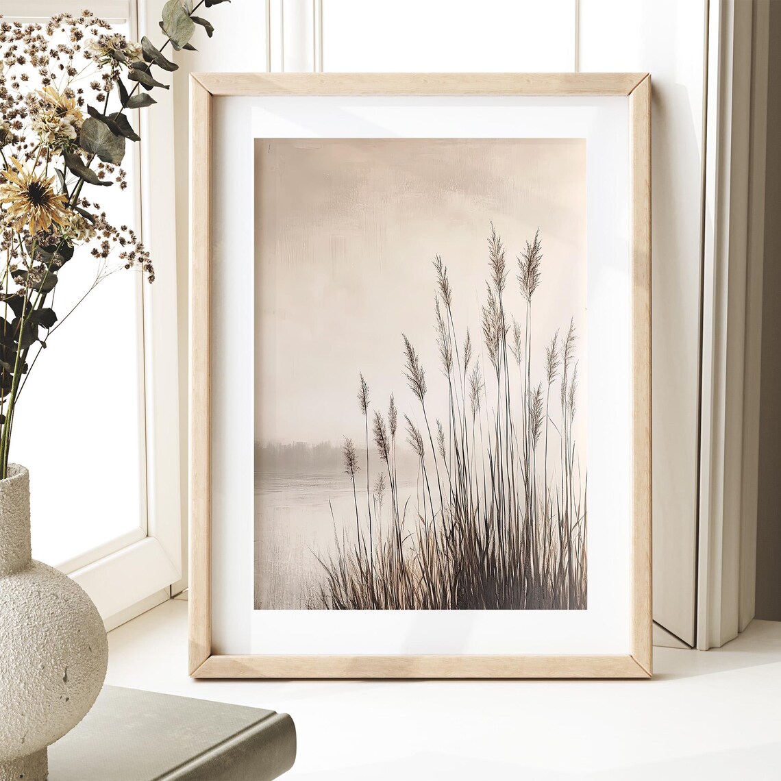 Beige Coastal Grass Lake Landscape Painting Monochrome Minimalist Wall Art - Image 4