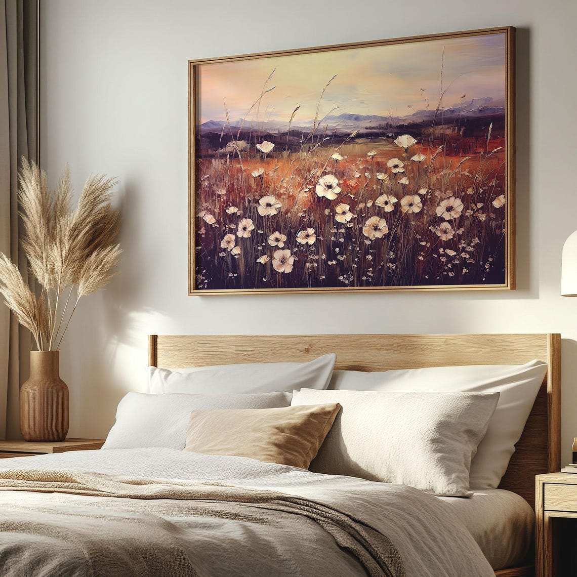 White Wildflower Field Sunset Painting Romantic Landscape Wall Poster - Image 2
