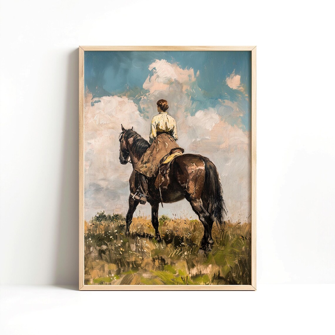 Horse Riding Woman Painting Vintage Equestrian Western Cowgirl Print Wall Art Instant Rustic Farmhouse Decor