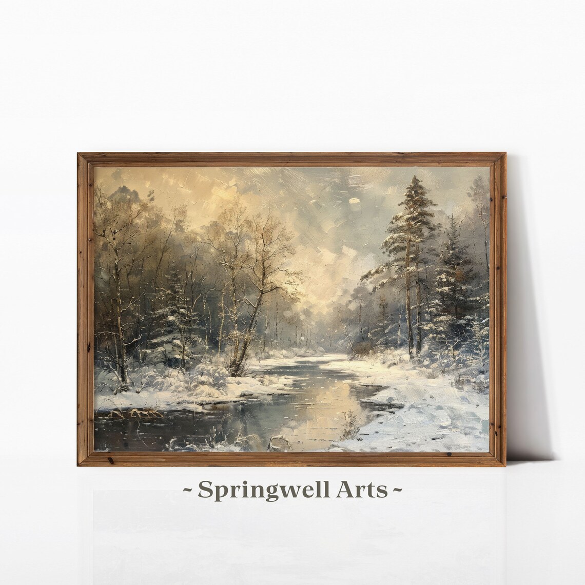 Vintage Winter Forest Snowy River Landscape Woodland Art Poster