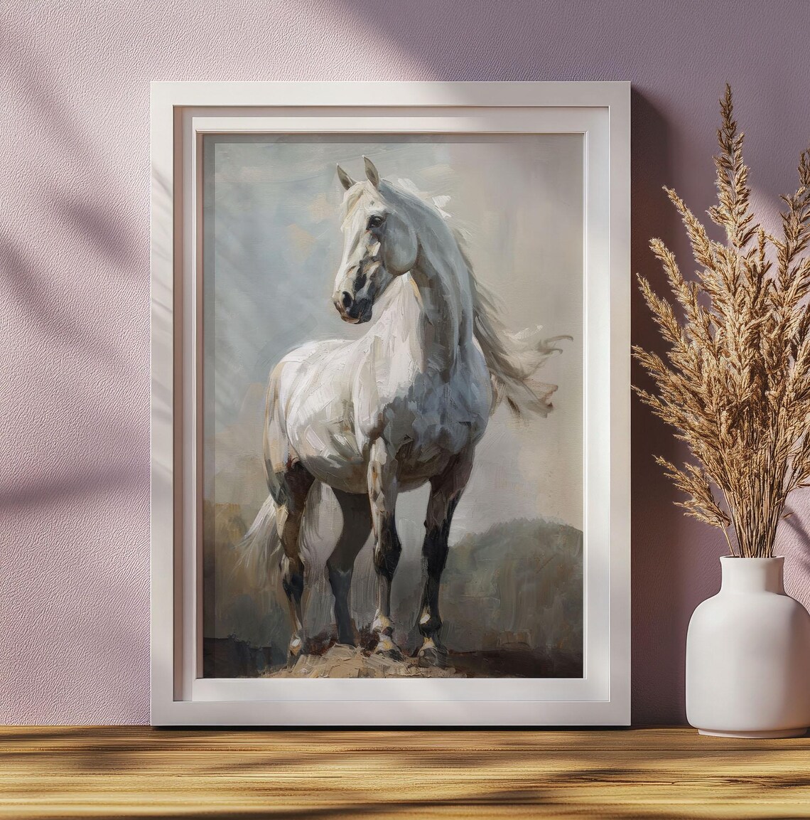Majestic White Horse Standing Tall Vintage Equine Portrait Poster - Image 2