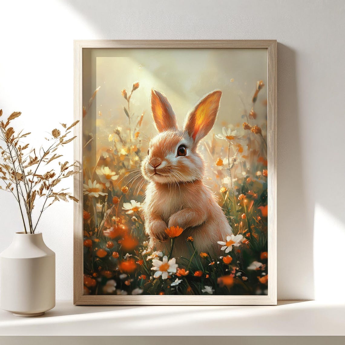 Cute Easter Bunny Print Spring Rabbit Poster Orange Wildflowers Nursery Kids Room Decor Instant Wall Art - Image 4